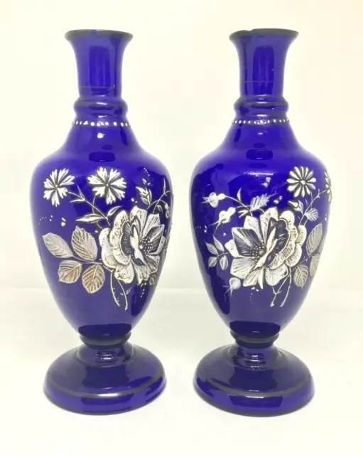 Pair of Victorian BLUE GLASS Enamel Painted Vases