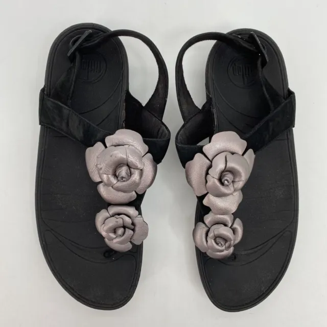 Fitflop Womens T-Strap Sandals Black Slingback Ankle Strap Flowers Buckle 10
