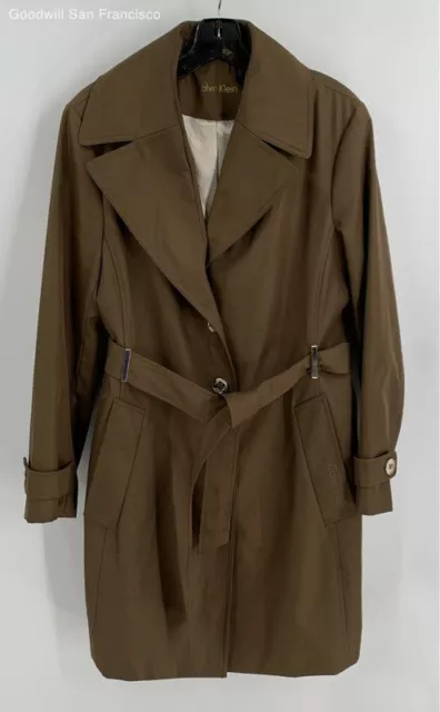 Calvin Klein Womens Brown Belted Pockets Single Breasted Trench Coat Size Medium