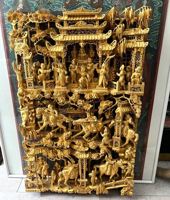 M317 Chinesisch geschnitztes Holzrelief, vergoldet, ca 64x80cm