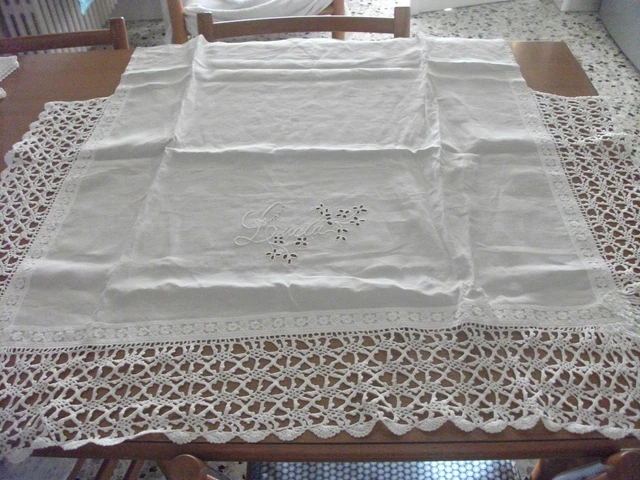 Telo Copricuscino - Ricami E Pizzo  Mano - Anni 40 - Puro Lino
