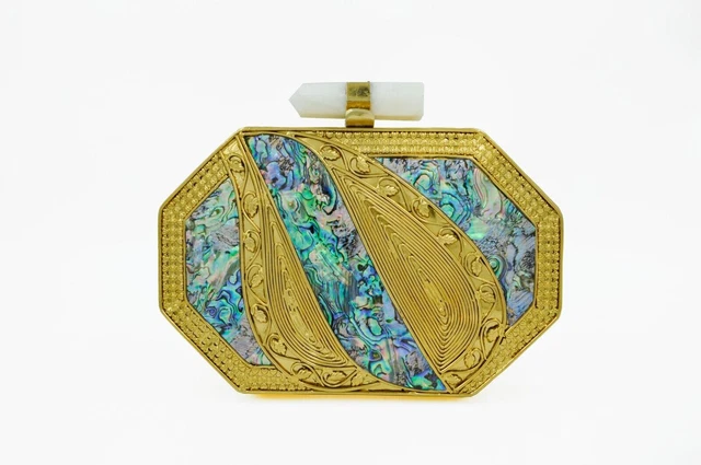 Indian never seen before hand made multi color seashell inlaid brass clutch bag