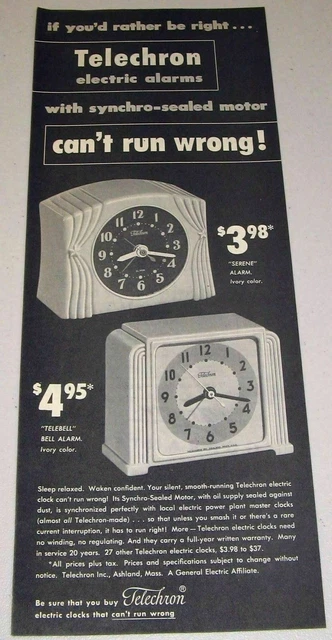 1950 Print Ad Telechron Electric Alarm Clocks Ashland,MA