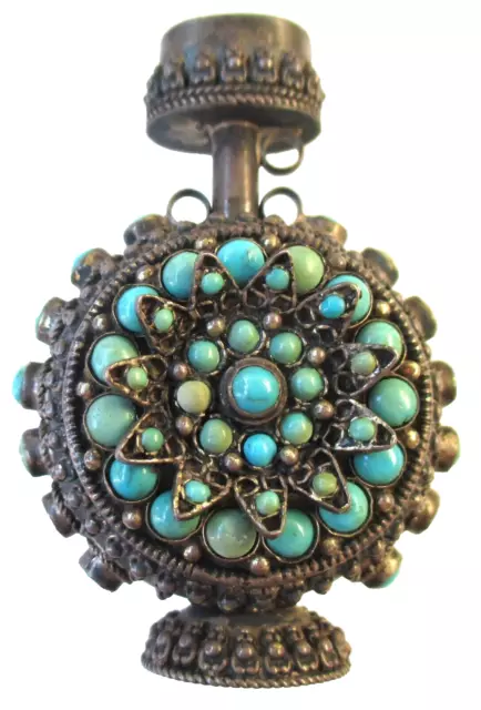 Antique Tibet Silver & Turquoise Snuff Bottle - 1900s - 925 Silver Stamped