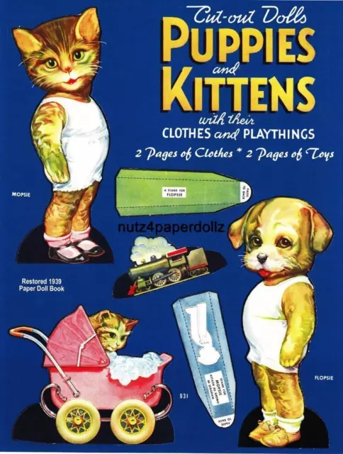 Vintge 1939 Puppies Kitten Paper Doll ~Flo Salter Cute Laser Repro~Org Sze Uncut