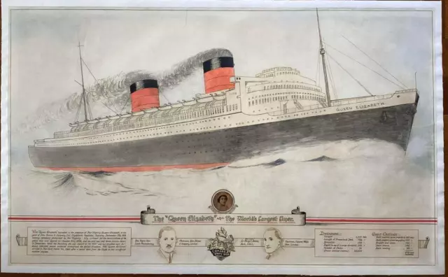 White Star Line Queen Elizabeth Cunard Ocean Liner Oversized Orig Illustration