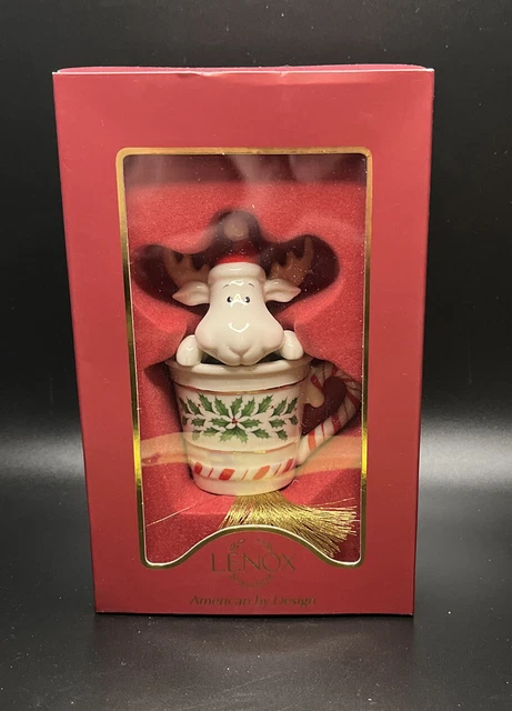 Lenox Holiday Peek-A-Moose in Peppermint Cup Ceramic Christmas Tree Ornament