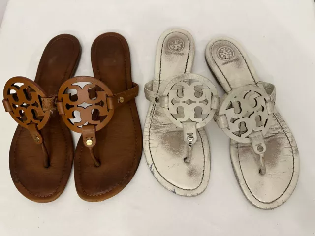 2 Tory Burch Miller White Leather Sz 9.5 & Brown Sz 9 Flip Flop Thong Sandal