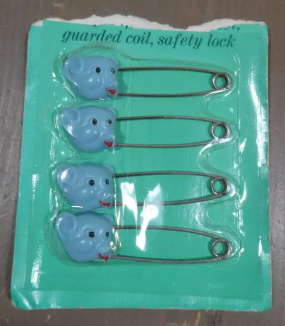 New 1976 Set Of 4 Vintage Baby Novelty Diaper Pins Blue Teddy Bear Nip Original