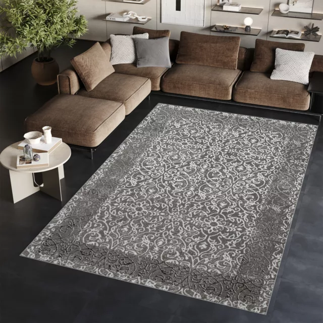 Teppich Kurzflor Grau Beige Glänzend Rahmen Floral Klassisch 3D Effekt ÖKOTEX