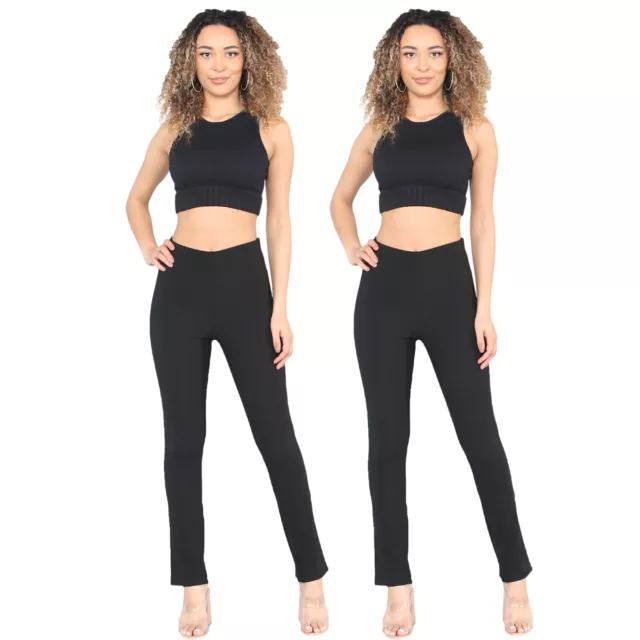 2 Pack Womens Bootleg Trousers Stretch Ladies Soft Ribbed Pull On Bottoms Pants