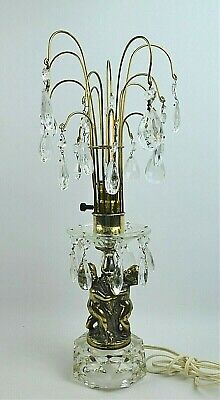Vintage Crystal Glass Prisms Filigree Cherubs Brass Table Lamp 18"  Beautiful !!