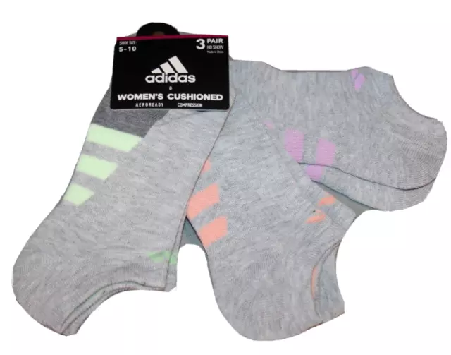 Adidas Cushioned Aeroready Socks 3 Pair No Show Grey + Purple Pink Green $14 Nwt