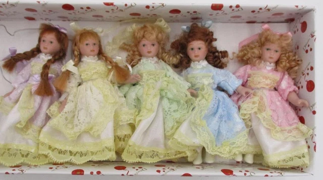 Lot of 5 Miniature Bisque China Head Doll Ornaments Victorian 3.75" Dollhouse