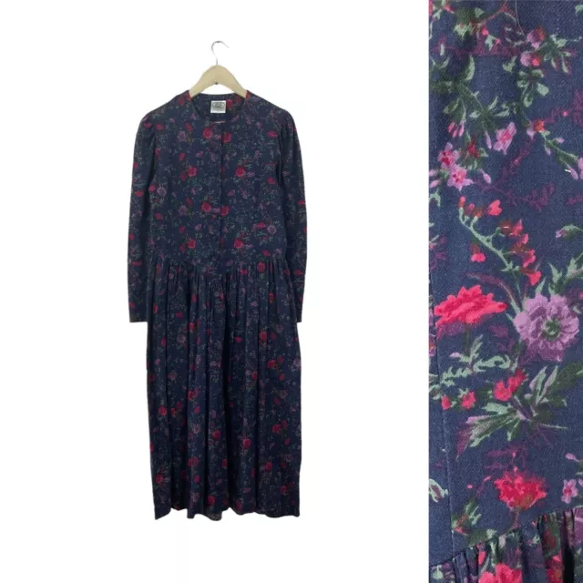 Vintage Laura Ashley 14 Midi Long Dress Cotton/Wool Modest Floral USA Womens