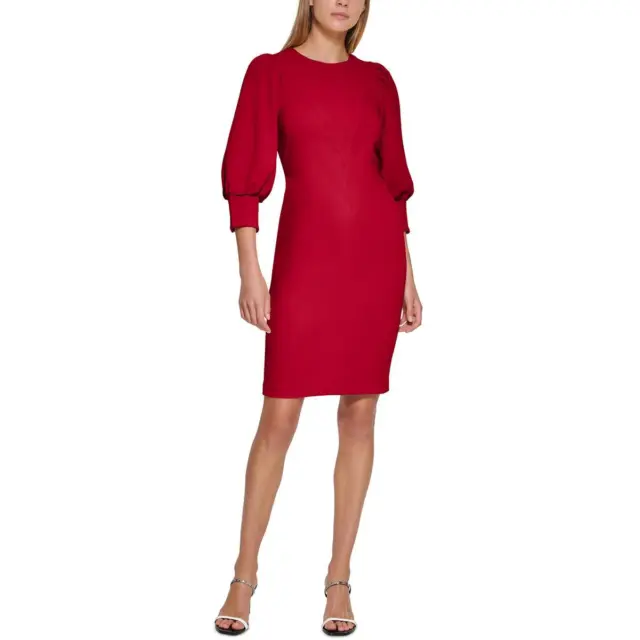 Calvin Klein Womens Red Gathered Above Knee Puff Sleeve Sheath Dress 4 BHFO 6445