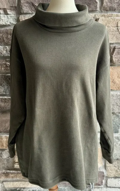 Lands End Women's Sweater Cowl Neck Waffle Knit Long Sleeve Green 1X 16W 18W