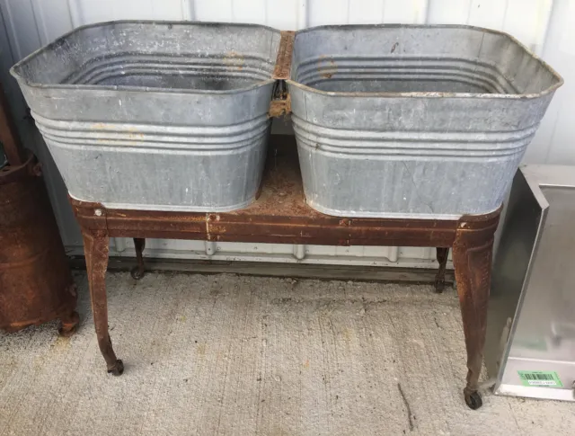 Reeves 2 Galvanized Square Wash Tubs On Stand Vintage washtubs double