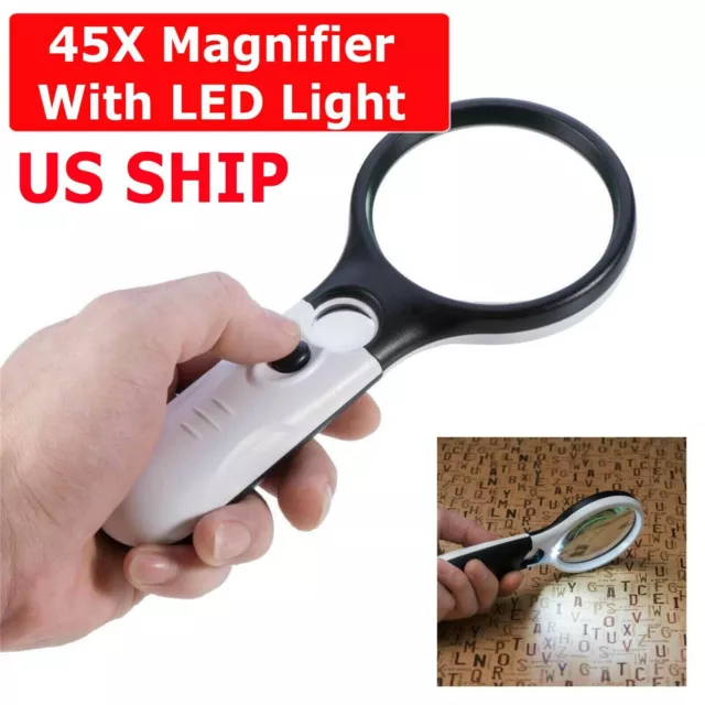 45X Magnifying Glass Handheld Magnifier 3 LED Light Reading Lens Jewelry Loupe