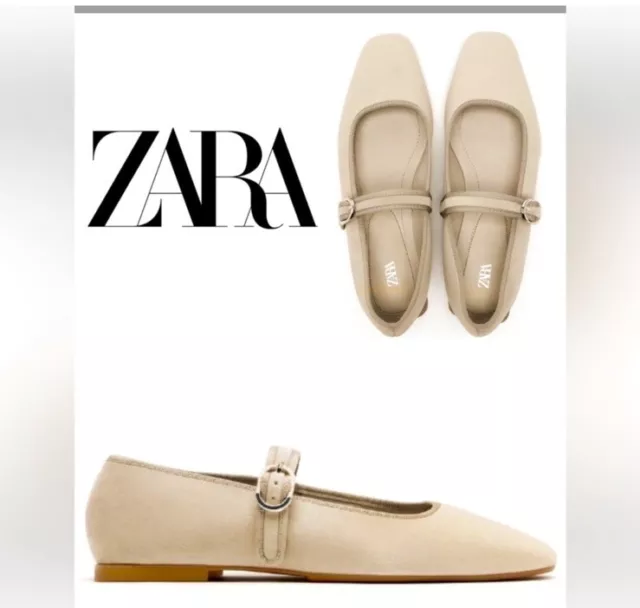Zara Flat ballet Velvet Mary Jane Shoes Buckled strap comfy  Taupe Neutral 7.5