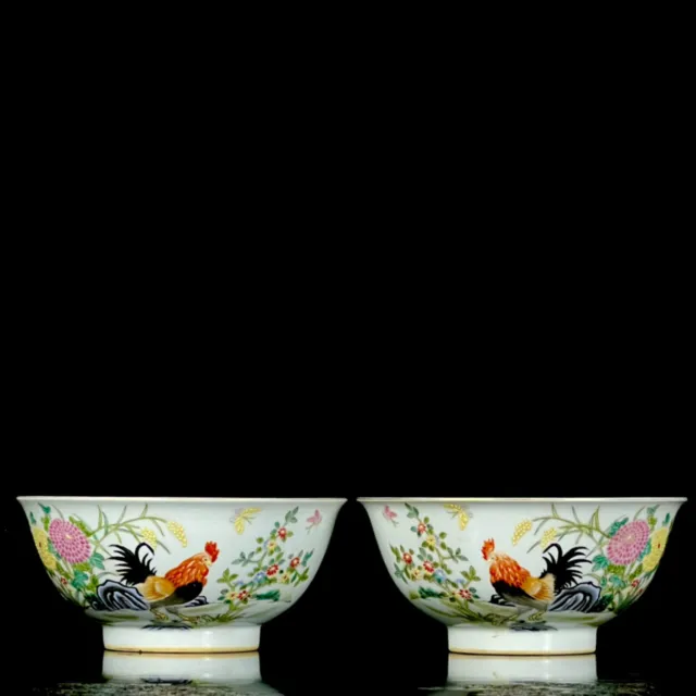 Chinese Pastel Porcelain Handmade Exquisite Cock Pattern Bowls A Pair AC2302