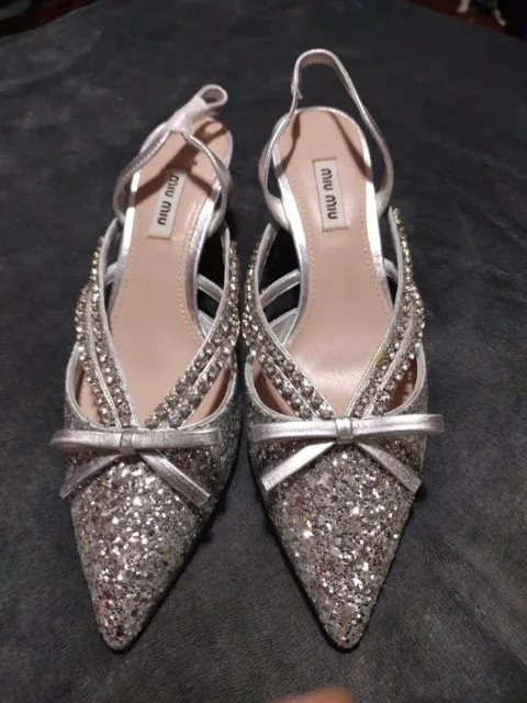 Miu Miu Jeweled Slingback Glitter Pumps size 37