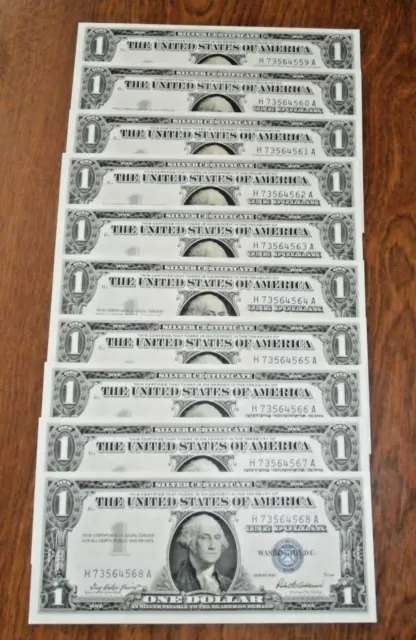 Lot of 10 Sequential One Dollar Blue Seal 1957 Silver Certificate Consecutive