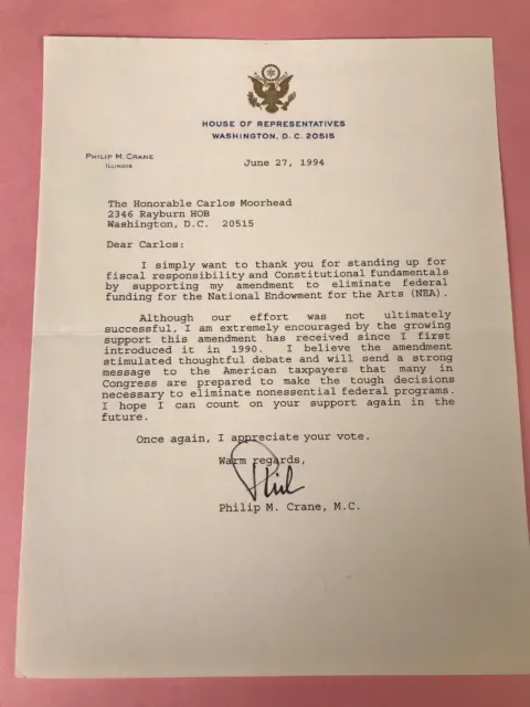 Philip Crane 1994 Typed Letter Signed as Congressman - To Carlos Moorhead