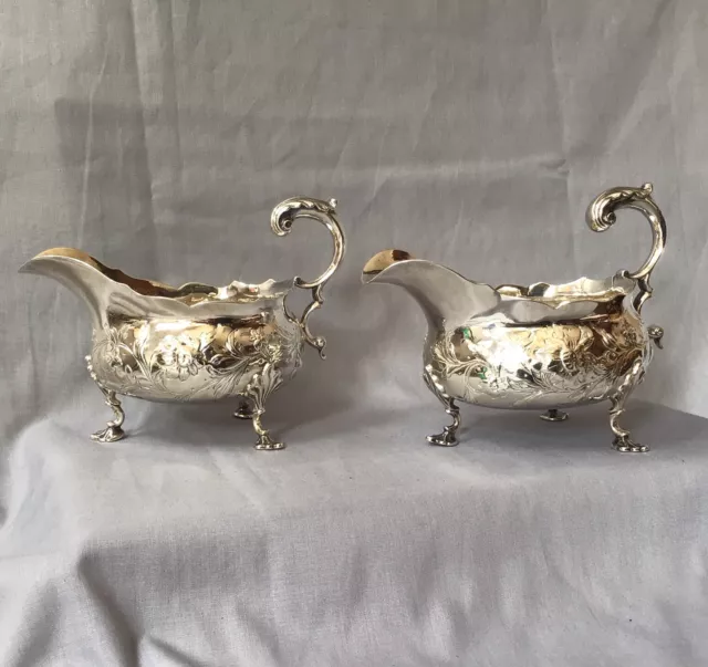 Pair 1777 Georgian London Solid Silver Repoussed Sauce / Gravy Boats. 530g