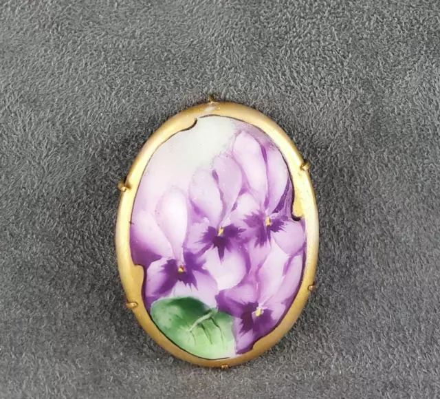 Hand Painted Porcelain Pin Violets Gilt