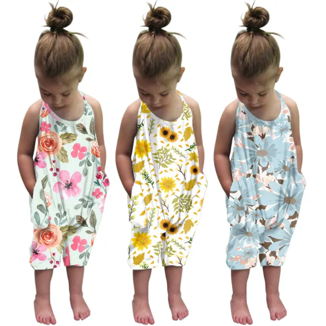 Toddler Kids Baby Girls Summer Strap Romper Flower Jumpsuit Harem Pants Outfits