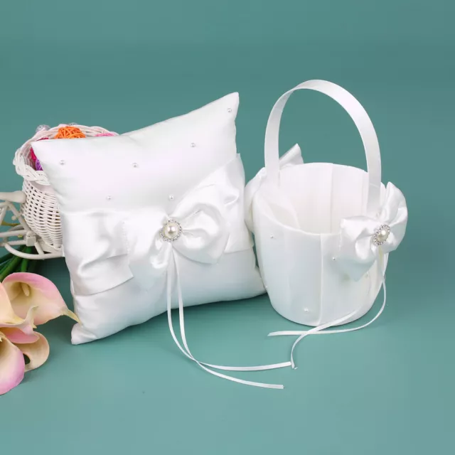 Wedding Ring Pillow & Flower Girl Basket Set White Satin Bowknot Rhinestone J2G9 2