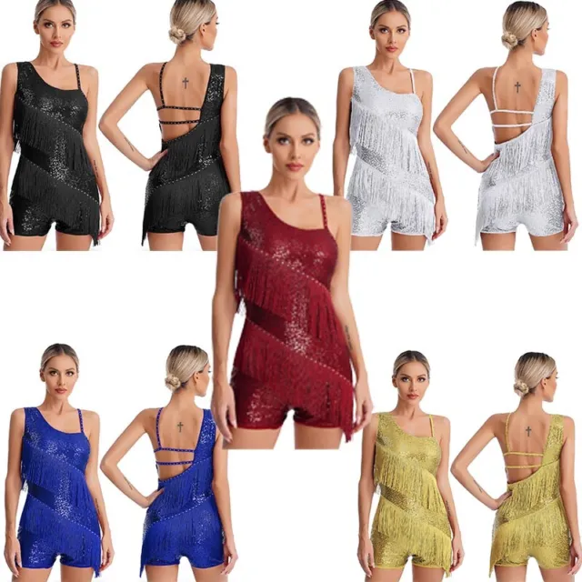 Womens Bodysuit Modern Jumpsuit Jazz Leotard Glittery Costume Tassel Outfit