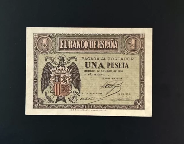 Billete de 1 peseta 1938. Calidad  EBC++