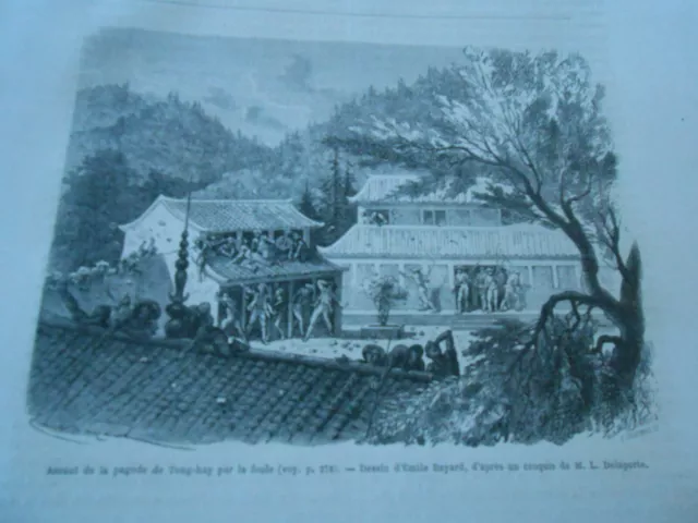 Gravure 1872  Indo Chine Assaut de la pagode de Tong Hay