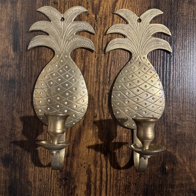 Vintage Heavy Brass Pineapple Wall Sconce Candle Holder MCM Set Of 2