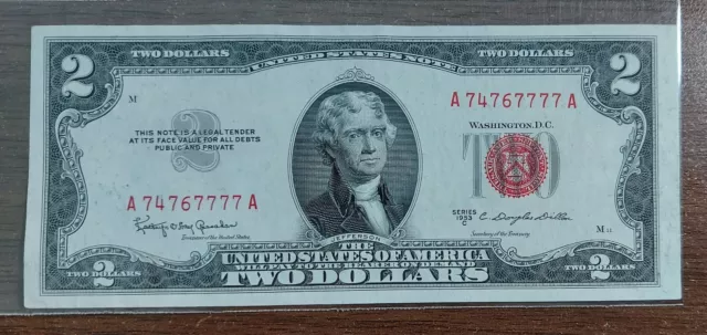 1953 Red  2 Dollar Bill FANCY Serial Number  xxxx 7777 Cir