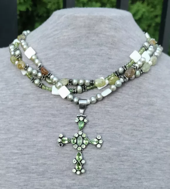 Sterling Silver Pearl Stone & MOP Bead 3 Strand Necklace w/Peridot Cross As Is