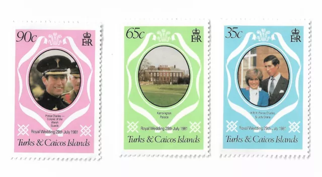 Estampillas de las Turcas y Caicos 1981 Boda Príncipe Carlos y Diana Spencer x 3 como nuevas