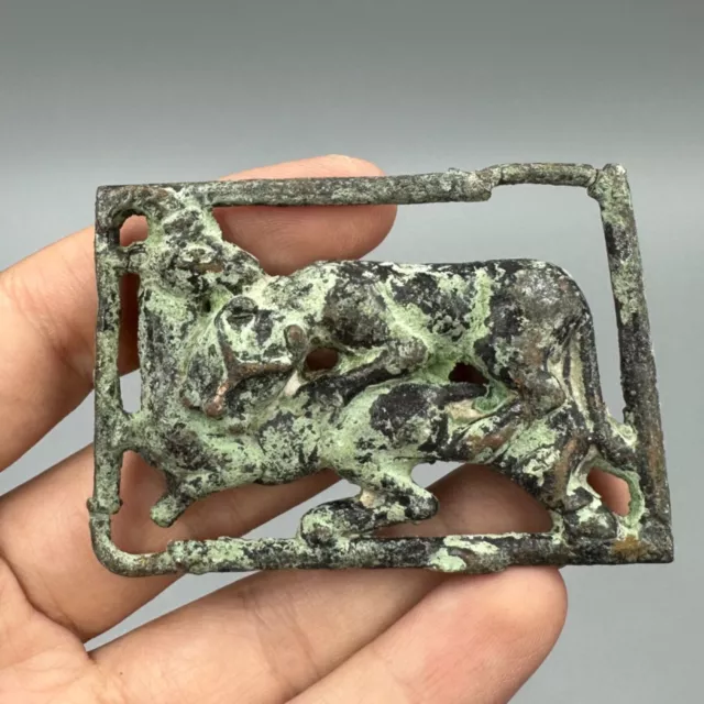 Very Unique Ancient Roman Bronze Belt Buckle Dispatching Animal Hunting