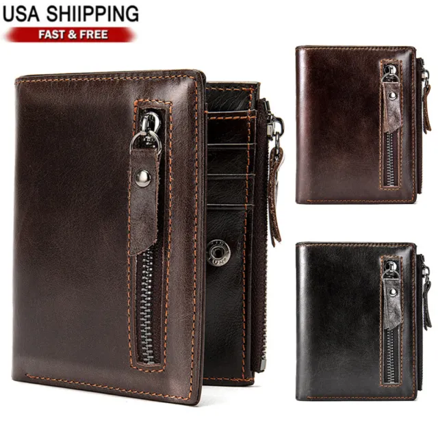 Mens Genuine Leather Wallet Credit ID Card Holder RFID Zipper Pocket Purse Gifts