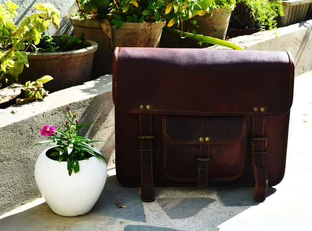 Men's Briefcase Laptop Vintage Goat Brown Leather Messenger Crossbody Large Bag