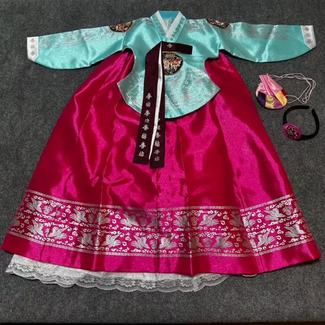 NEW Korean Hanbok Dress Youth Girls 10 Sky Blue Pink Traditional Ceremony Floral