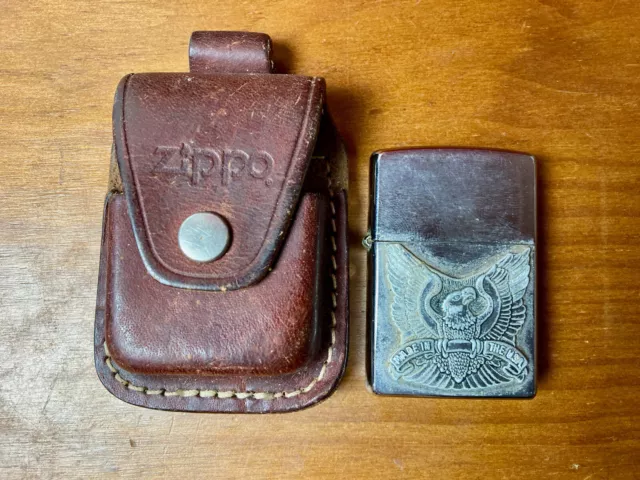 ANCIEN Briquet Zippo "MADE IN USA / EAGLE"+ÉTUI CUIR VINTAGE LIGHTER