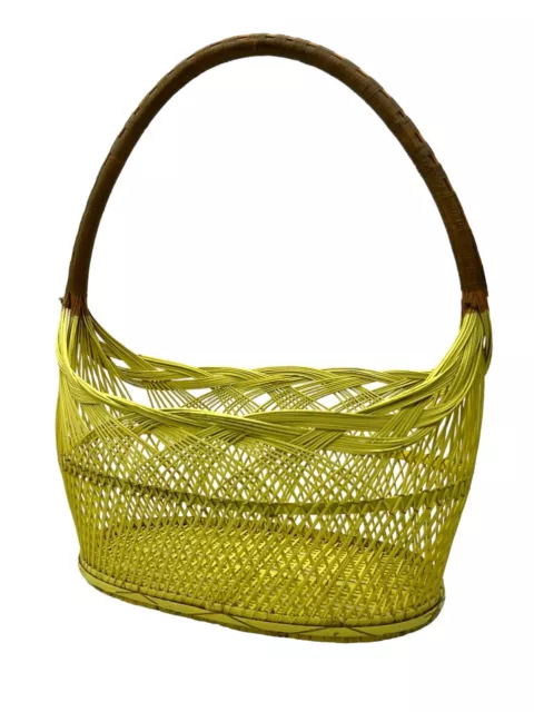 Vintage Japanese Ikebana Bamboo Basket Open Weave Reinforced Handle Pale Yellow 2