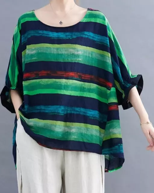 Ladies Green Stripe Casual Art Abstract Print Loose Oversize Blouse Top Shirt 12