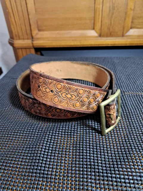 TOOLED LEATHER BELT 43 Solid Brass Buckle Hippie Boho 70's $18.00 -  PicClick