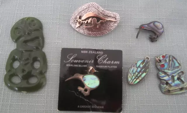 Assorted Vintage Paua Shell Jewellery-Brooch -Pin-Kiwi-Tiki-Pendant-As Pictured