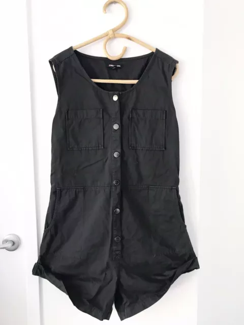 BILLABONG Size 10 Black Sleeveless Button Front Pockets Heavy Cotton Playsuit