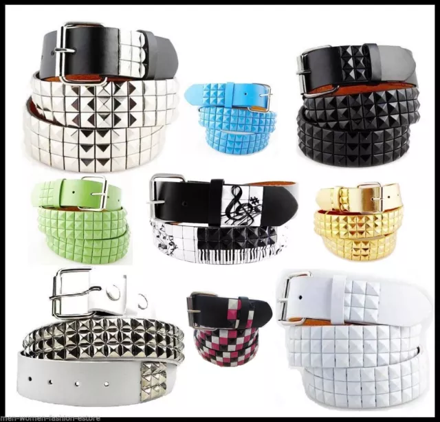 Classic 3 Row Pyramid Studded Leather Belt, 1.5 Removable Buckle